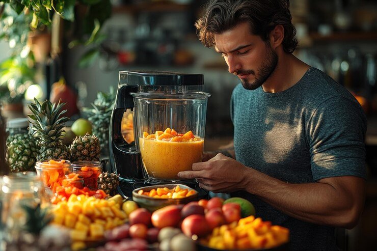 man prepares smoothie with fresh fruits vibrant kitchen setting 204719 94720